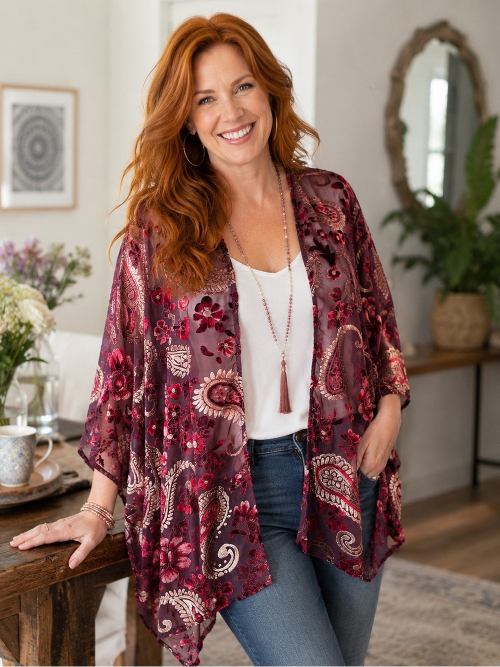 Umgee Burgundy Velvet Fall Burnout Paisley Floral Kimono Boho Sheer Cardigan S/M